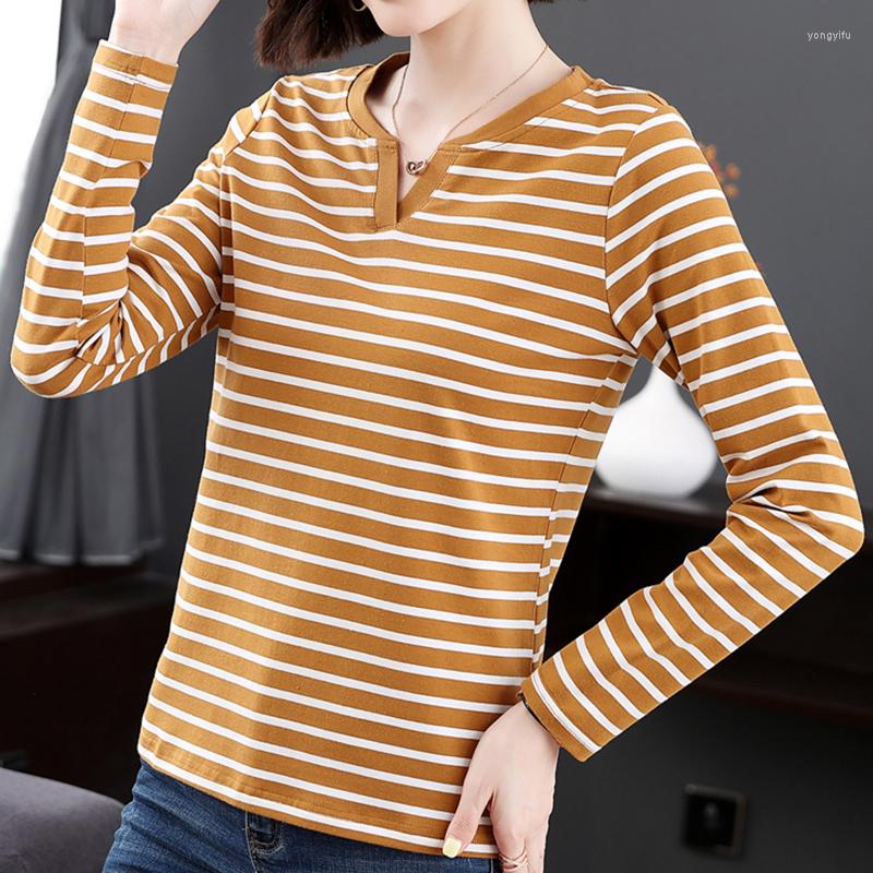 

Women's T Shirts V Neck Striped Shirt Women Cotton Long Sleeve Tops Tshirt Autumn Tee Femme Korean Style Woman Clothes Camisetas De Mujer, Red striped
