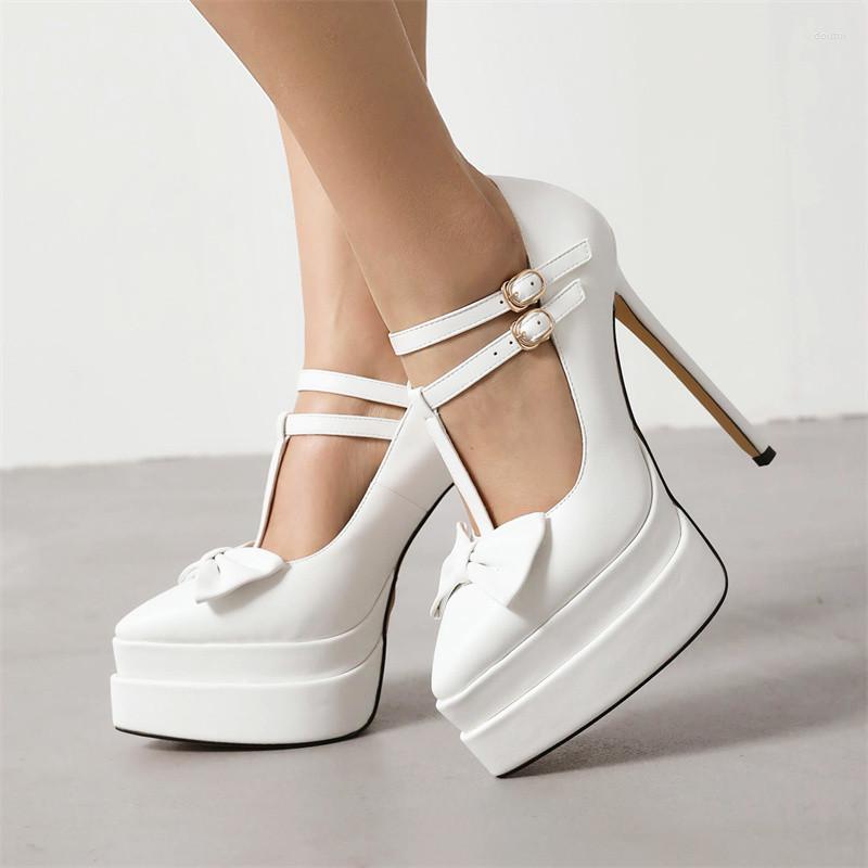 

Dress Shoes YMECHIC 2023 Super 15CM High Heels Pumps Women Double Platform Sexy Pointed Toe Buckle Strap Ladies Party Stripper Bowtie, White