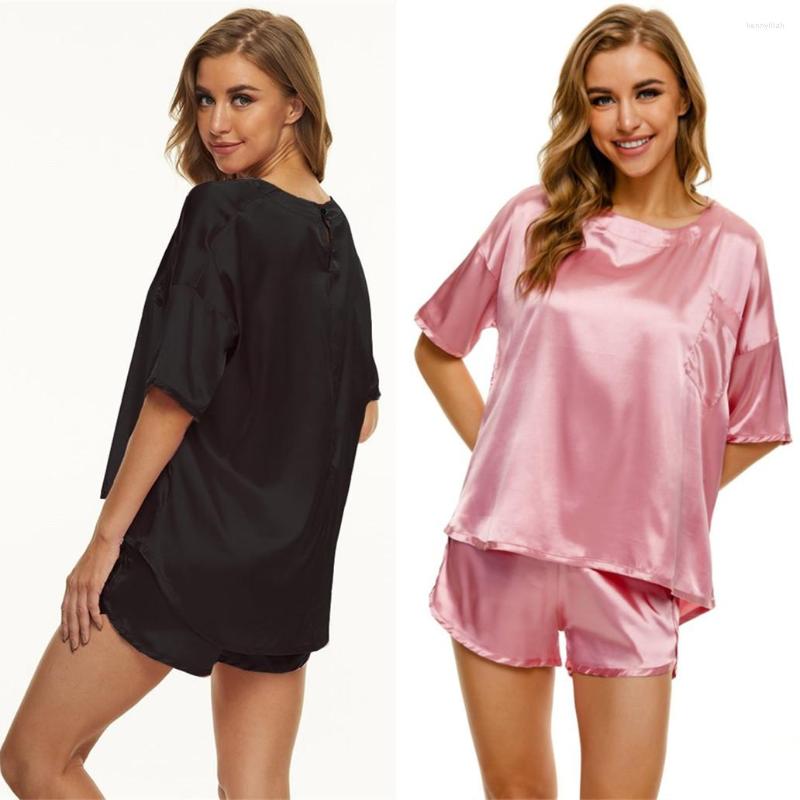 

Women' Sleepwear Womens Silk Satin Pajamas Set Short Sleeve Summer Two-piece Loungewear Solid Soft Pijamas Shorts Homewear Clothes, 8302