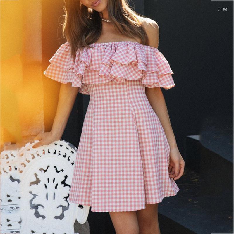 

Party Dresses Foridol Ruffle Off Shoulder Gingham Pink Dress For Women A-line Ladies Checked Vintage Summer Beach Vestidos 2023