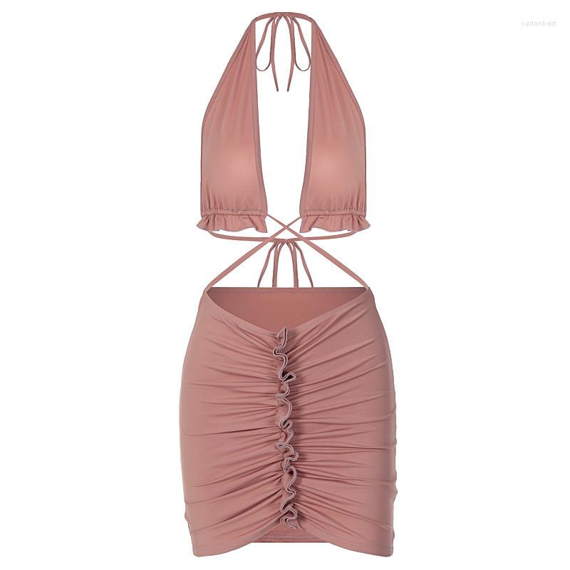 

Work Dresses Women' Suit 2 Piece Skirt Sets Summer Clothes 2023 Tie-Up Low-Cut Halter Crop Camisole Ruched High Waist Short Sexy Club