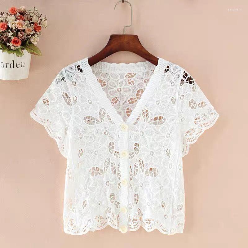 

Women's Knits Summer Paragraph Lace Knit Cardigan Women Korean Fashion Y2k Crop Tops Short Sleeve V-neck Hollow Out Jacket, White