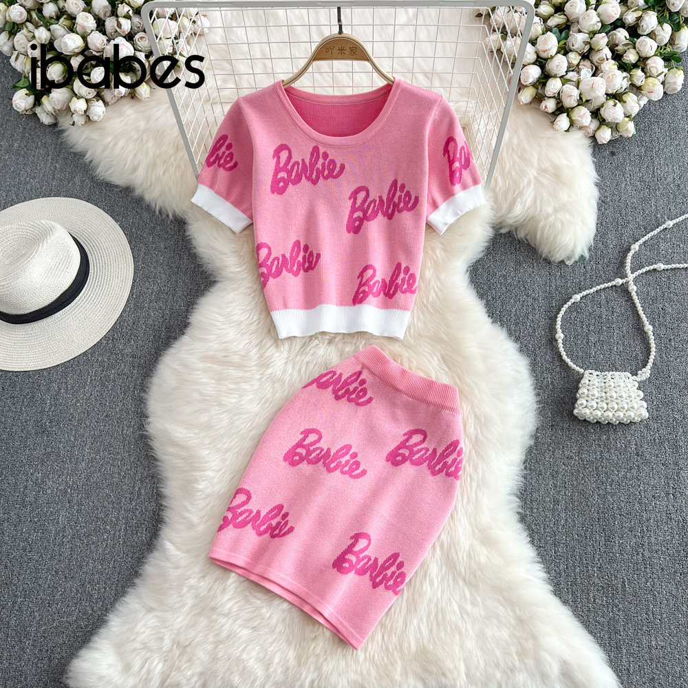 

Two Piece Dress Letter Printed Knitted Women 2 Set Sweaty Short Sleeve Crop Top Bodycon Hip Skirts Matching 2023 Office Lady Outfits 230508, Black