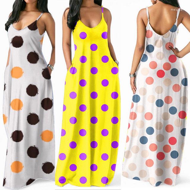 

Casual Dresses Womens Boho Long Maxi Dress Floral Summer Party Polka Dot Beach Sundress Oversized Strappy, Color 3
