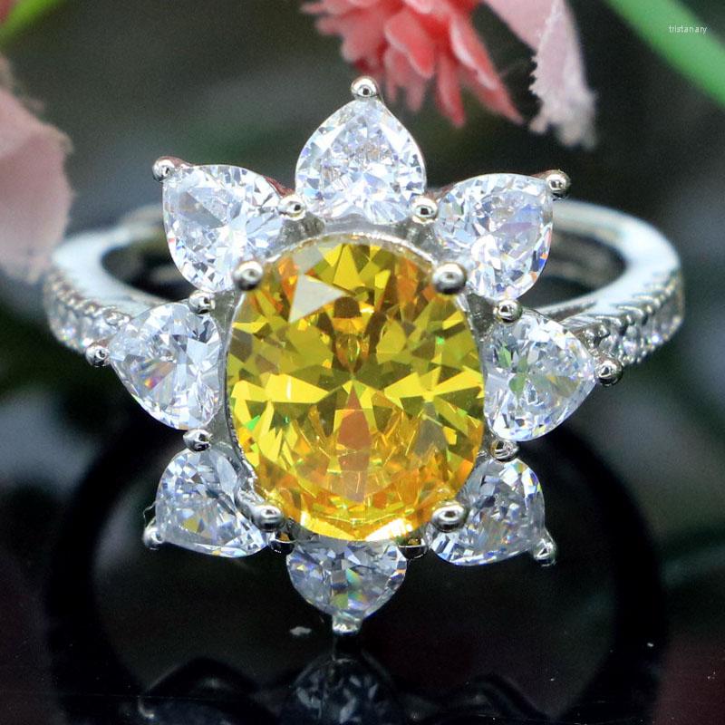 

Cluster Rings 18x17mm Lovely Cute 4.6g Golden Citrine White CZ Women Birthday Gift Silver Ring Fine Jewelry Wholesale