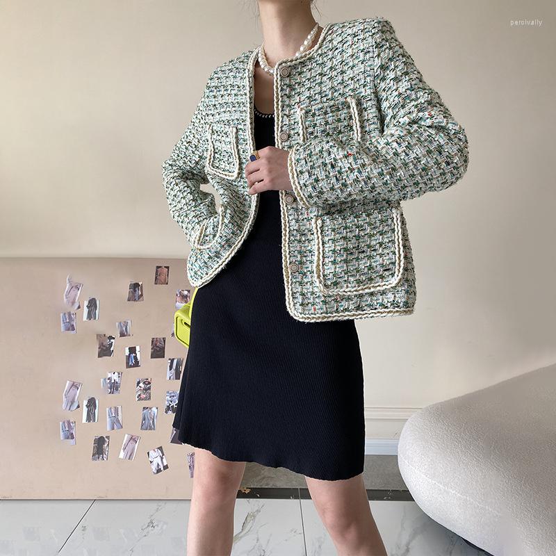 

Women' Jackets French Vintage Small Fragrance Tweed Jacket Coat Women Spring Autumn Streetwear Single Breasted Plaid Tassel Office Lady, Green