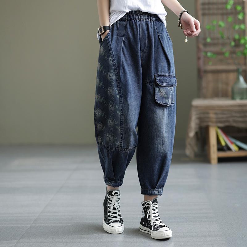 

Jeans 2022 Spring Autumn New Arts Style Women Elastic Waist Cotton Denim Harem Pants Patchwork Print Vintage Loose Jeans C517, Blue