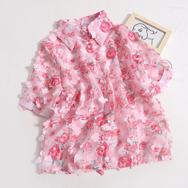

Women's T Shirts Fashion Temperament Chiffon Women's 2023 Summer Sweet Lapel Short Sleeve Flower Top Japanese Casual Shirt T-shirt, Pink