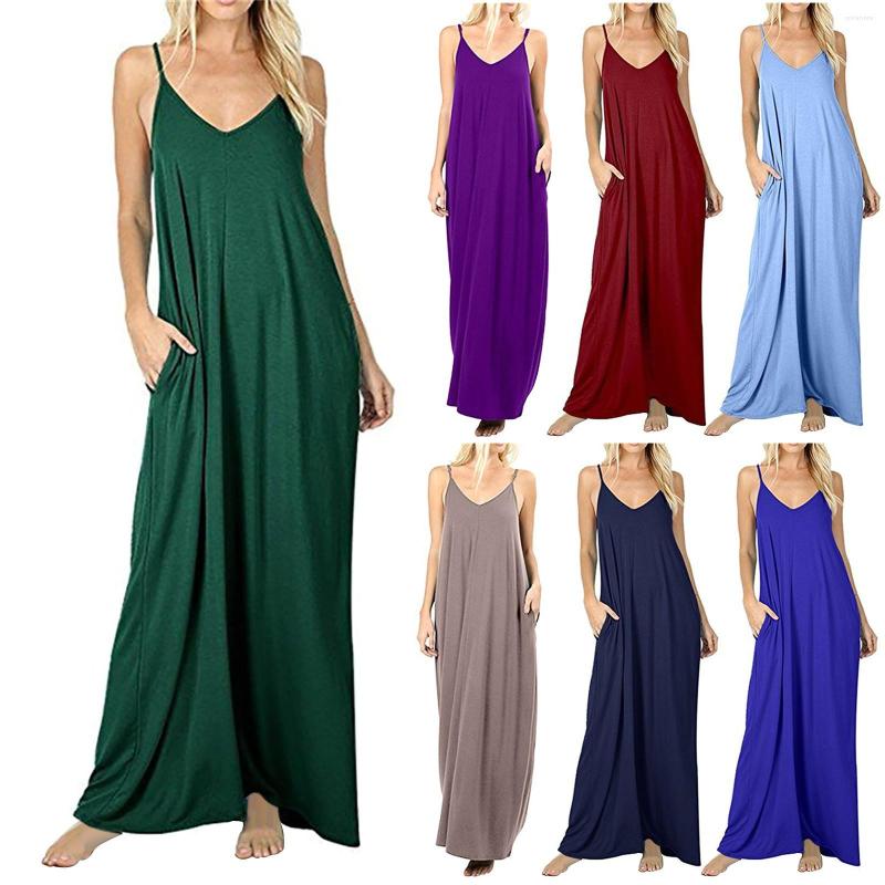 

Casual Dresses Summer Solid Long Dress Bohemian Elegant Women Spaghetti Strap Robe V-Neck Sundress Party Vestidos Female Maxi Clothing, Green