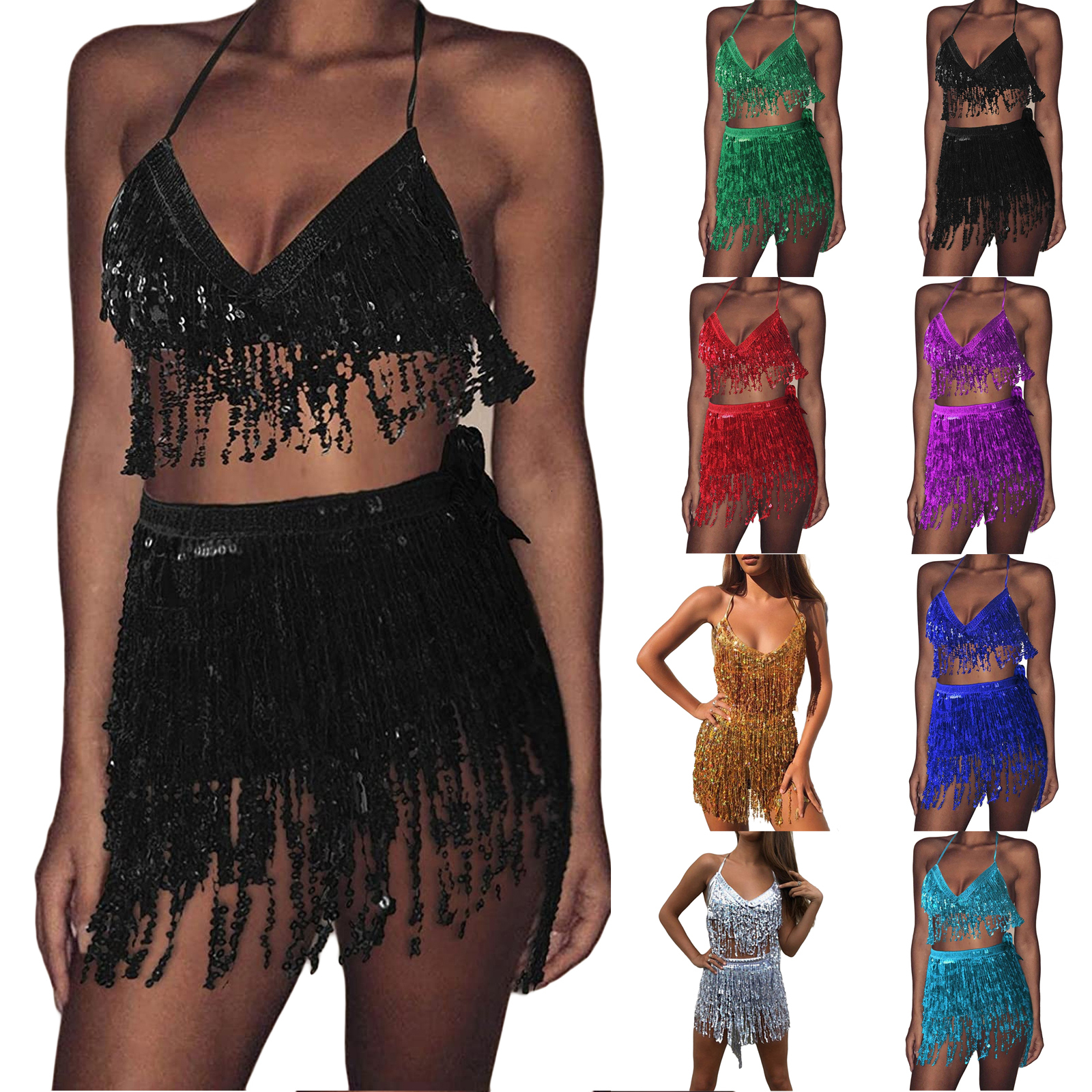 

Two Piece Dress Womens Sexy Sequins Belly Dance Hip Scarf Tassel Fringe Mini Wrap Skirt and Glitter Sparkly Bikini Bra Top Rave Party Clubwear 230509, Royal blue