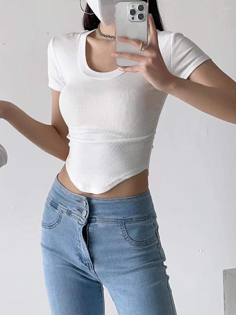 

Women' T Shirts Women' Summer Skinny Solid Color Slim Crop Tops Short Sleeve U Neck Irregular Hem Ribbed T-shirt, Black