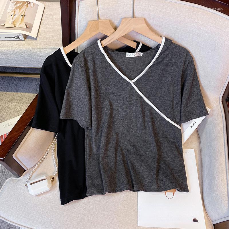 

Women's T Shirts XL-4XL Oversize V-neck Hoodies T-shirt Female Summer Loose Short Sleeve Large Size Tops Splice Color Hooded Korean, Gray