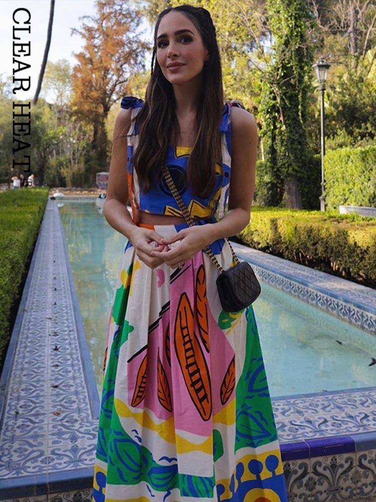 

Two Piece Dress Printed Pleats A Line Women Skirt Set Square Neck Lace Up Crop Tops Midi Suit 2023 Summer Lady Chic Beach Outfit 230508, Top