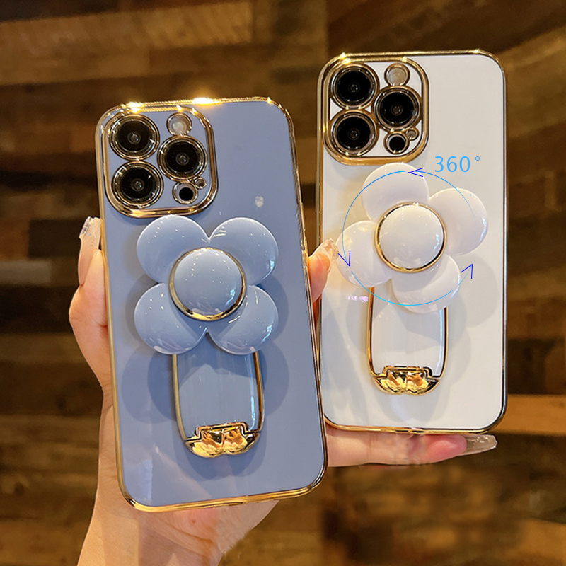 

3D Cute Rotating Flower Luxury Plating Bracket Holder Phone Case For iPhone 14 Pro max 13 12 11 X XS Max XR 7 8 Plus Stand Cover
