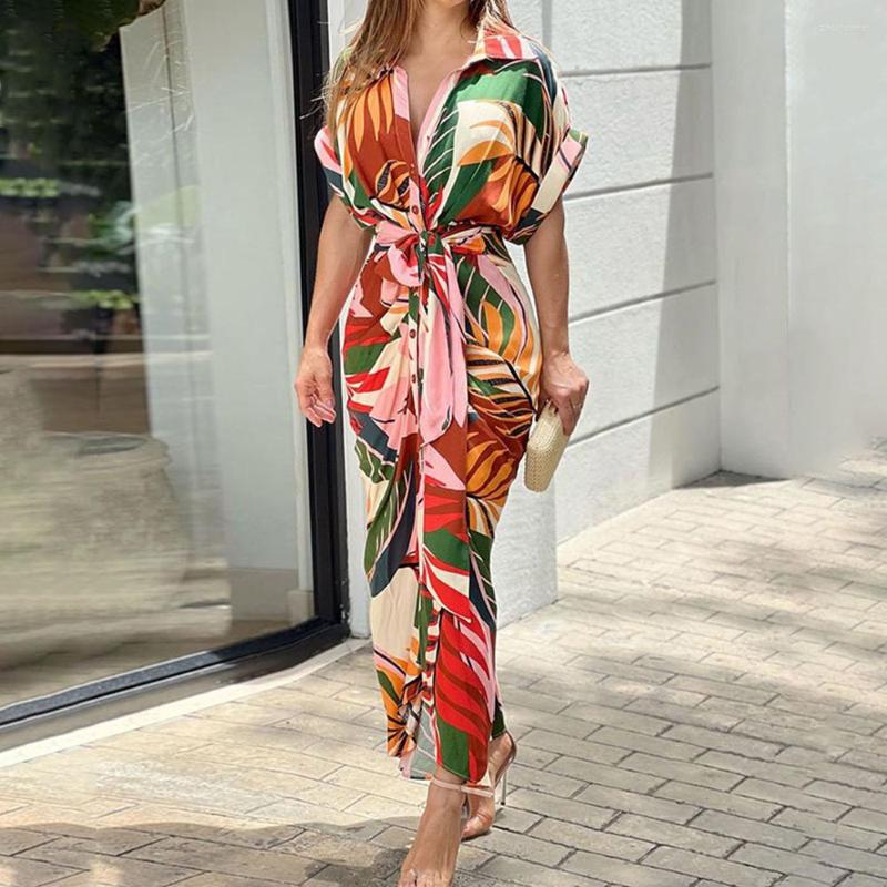 

Party Dresses Elegant Leaf Print Midi Women Casual Turn Down Collar Short Sleeve Buttons Lace Up Shirt Dress Fashion High Streetwear, Picture color