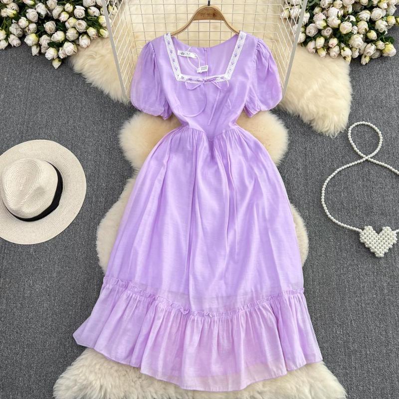 

Party Dresses Summer Gentle Wind Sweet Bubble Short-sleeved Square Collar Waist Thin Medium-length Section A Word Puffy Dress, Purple