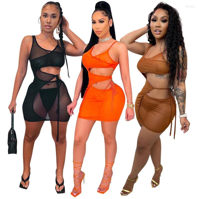 

Casual Dresses Sexy Summer Cut Out Mesh Black Bandage Dress Asymmetric Mini Bodycon Club Outfits For Women 2023 Night, Orange