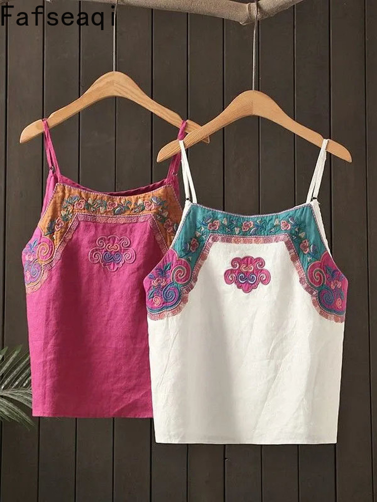 

Camisoles Tanks White Top Female Camisoles Women Sleevelees Tanks Top Summer Cotton Linen Retro Embroidery Thin Camisole Vest Lingerie T-shirt 230508