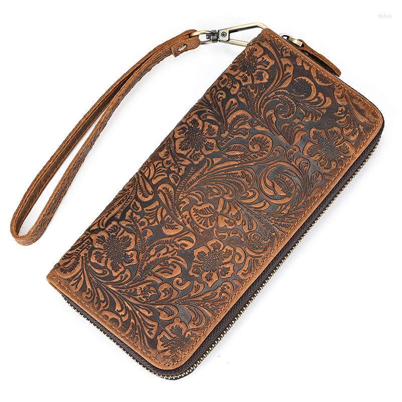 

Wallets Real Leather Long Wallet For Men Women Genuine Purse Clutch Bag Man Woman Hand 6" Iphone With Wrist Belt, Single zipper - 8871