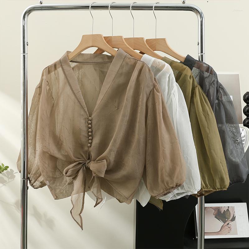 

Women's Blouses Korejepo Sunscreen Chiffon Top 2023 Summer Fashion Bubble Sleeve Shirts Women French Thin Lace Up Leisure Simplicity Blouse, Green