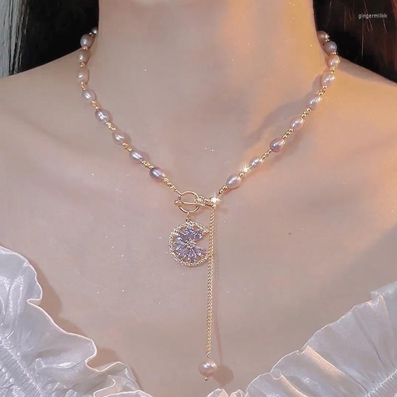 

Chains Purple Xia Fairy Natural Freshwater Pearl Necklace Female Summer Niche All-Match Clavicle Chain Zircon Pendant Wholesal