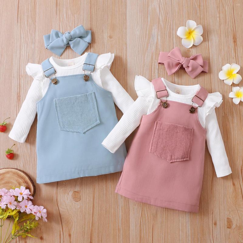

Clothing Sets 0-18M Born Baby Girls Autumn Clothes Set Solid Long Sleeve O-neck Romper Tops Pocket Suspender Skirt Headband