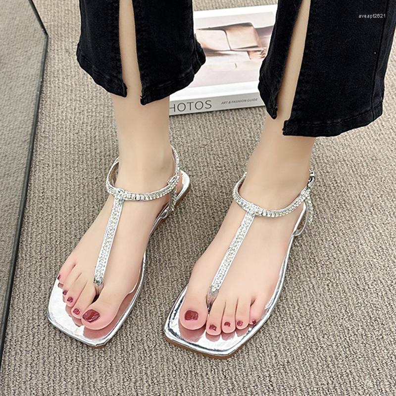 

Sandals Fashion Flats Crystal Clip-toe Women Summer Slippers Brand PU Leather Flip Flops Party Dress Slides Femme Zapatos 2023, Silver