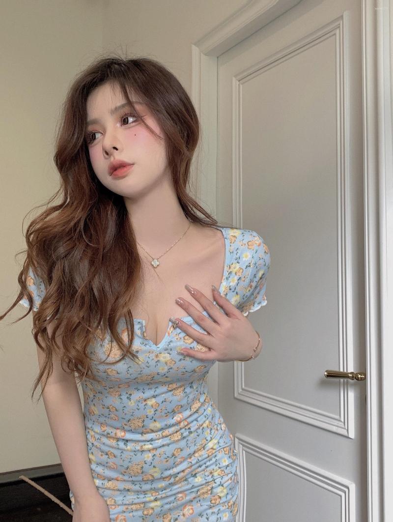 

Casual Dresses GkyocQ Summer Women V Neck Floral Print Skinny Slim Waist Vestidos Short Sleeve Sexy Hip Wrap Female Clothing, Beige