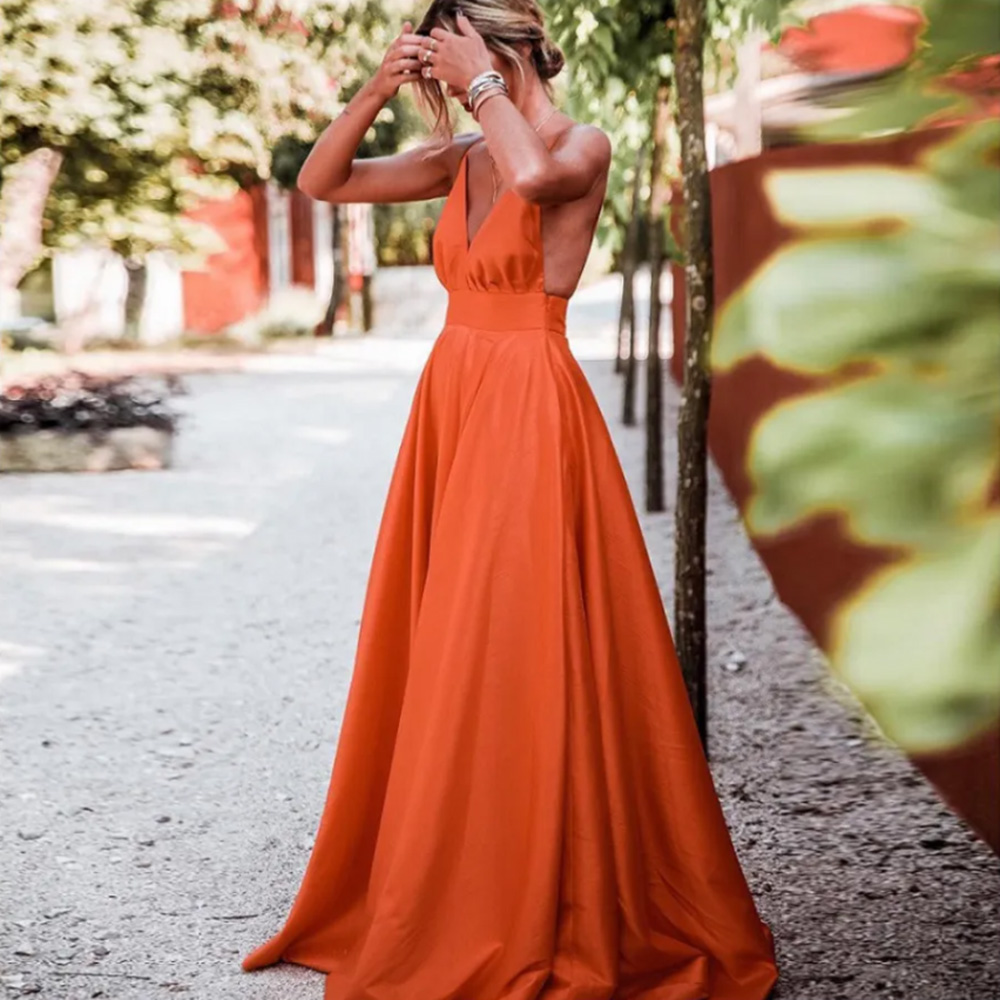 

Sexy Deep V-Neck Evening Dresses Formal Prom Party Gown A Line Floor-Length Sweep Train Satin long Backless Custom, Orange