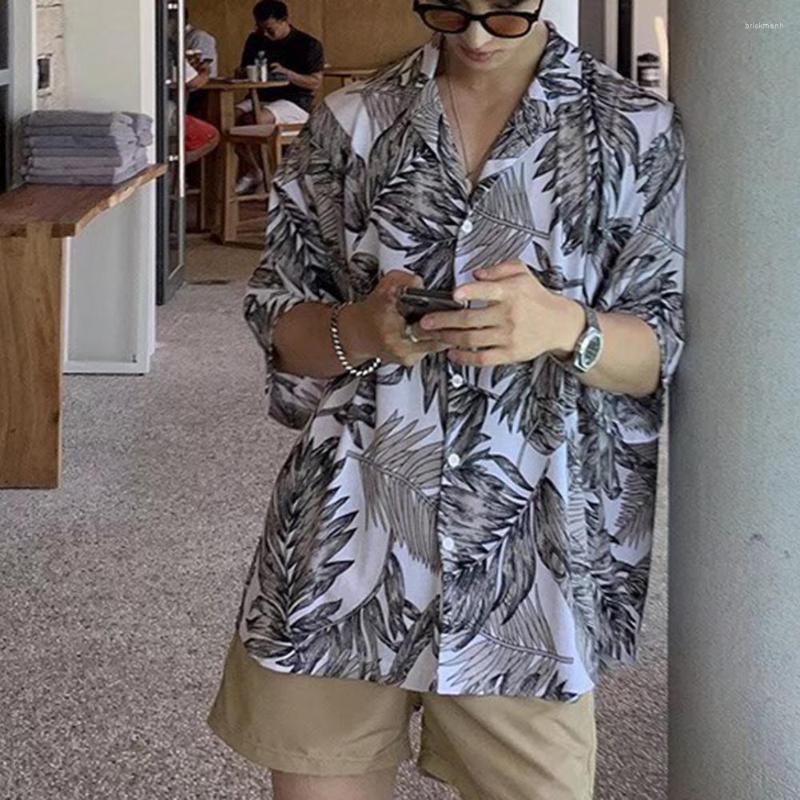 

Men's Casual Shirts Summer Shirt Lapel Beach Short Sleeve Thin Men Tropical Leaves Printed Hawaiian Streetwear, White
