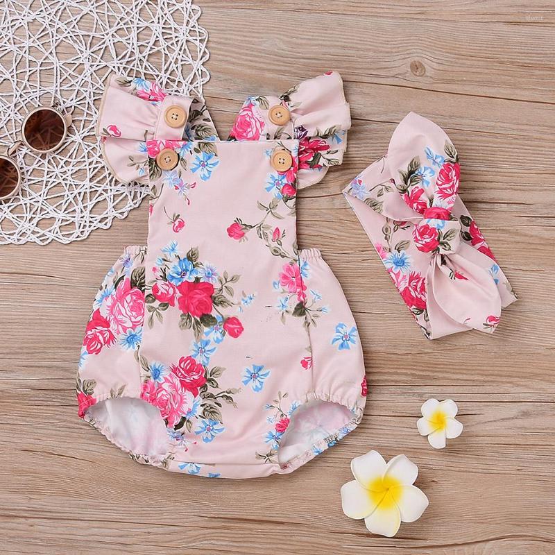 

Clothing Sets 2pcs Summer Floral Baby Girl Ruffle Romper Backless Jumpsuit Headband Suit, Pink
