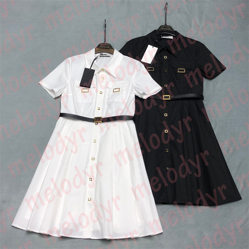 

Summer Shirts Dresses Womens Designer Pleated Skirts Metal Letter Single Breasted Short Sleeve Dresses, White