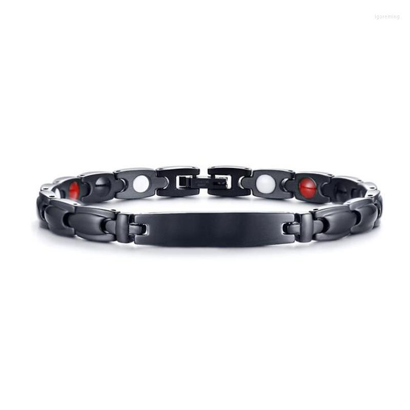 

Link Bracelets Name Design Engraved Bracelet For Men Black Stainless Steel Health Magnetic Bio