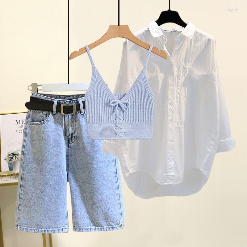 

Women' Tracksuits Women 2023 Summer Fashion Sun Protection Blouse High Waist Denim Shorts And Camisole Tops Suits 3 Pieces Casual Set N28, Black