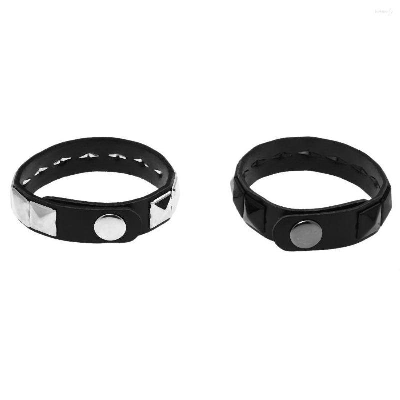 

Link Bracelets 2Pcs White Rivet Black Punk Pyramid Studded Artificial Leather Bracelet Wristband