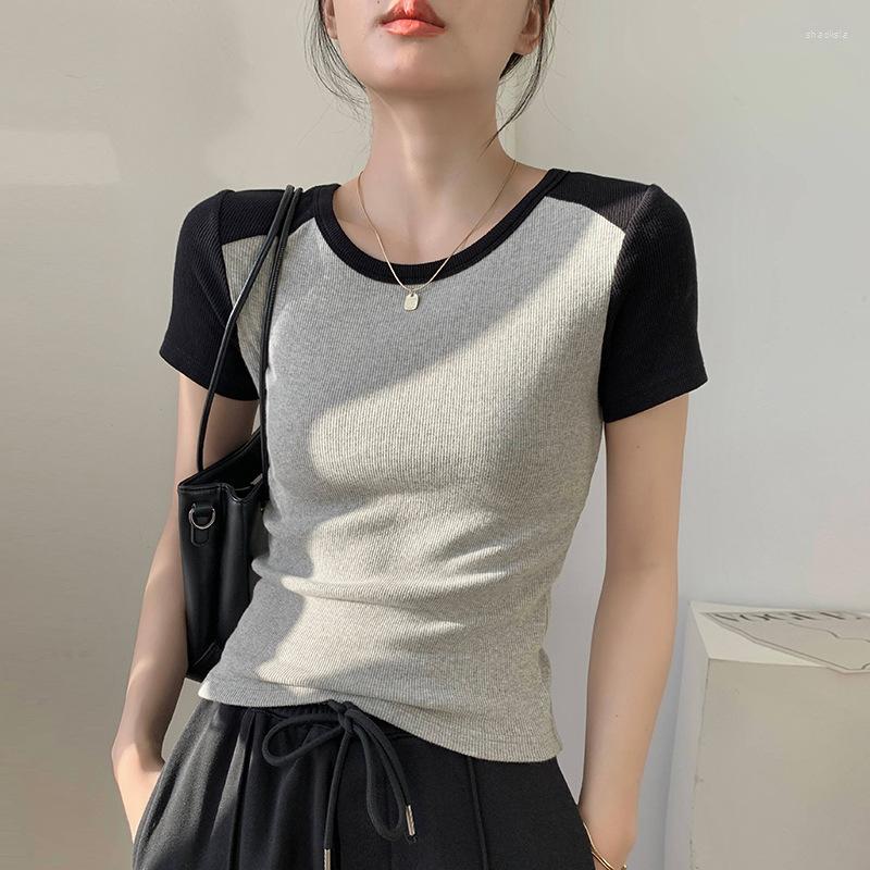 

Women' T Shirts O Neck Women' Splicing Short-sleeved T-shirt Female Summer Korean Harajuku Fashion Vintage Slim Basic Sexy Streetwear, Black