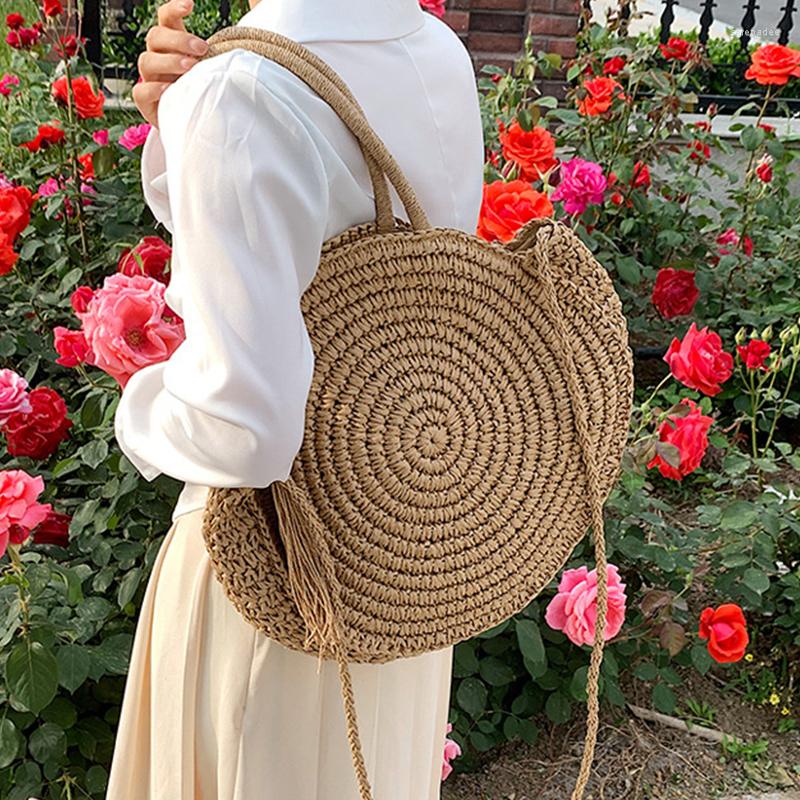 

Evening Bags Summer Straw Shoulder Bag For Women Large Capacity Totes Braided Round Beach Woven Handmade Basket Travel Shopping Tote, Beige