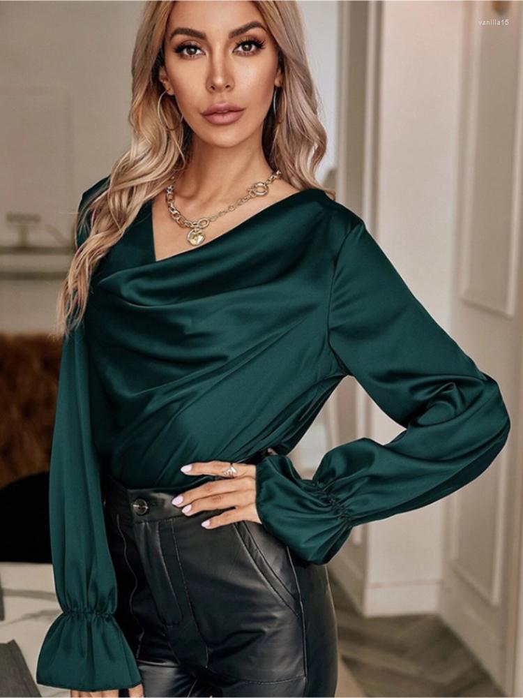 

Women' Blouses 2023 Long Sleeve Silk Blouse Women Pile Collar Green Satin Shirt Loose Casual Fashion Office Lady Chic Blusas Elegant 22495, Burgundy