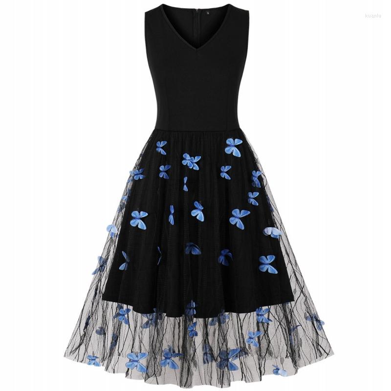 

Casual Dresses Rockabilly Summer Women Sleeveless Vintage Swing Elegant Butterfly Print Female Fashion Retro Pin Up A-Line Dress, Black