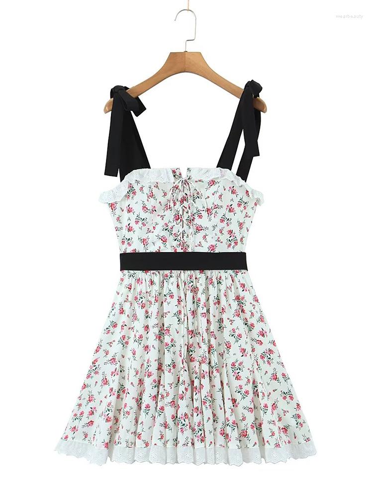 

Casual Dresses YENKYE Summer Women Sweet Lace Embroidery Trim Floral Print Sexy Sling Mini Dress Front Cross Bandage Female Holiday Party, Multi