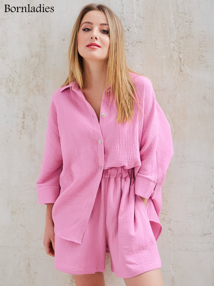 

Women's Sleepwear Bornladies Summer Homewear Shorts Set Lapel Long Sleeve 2 Pieces Outfit Elastic Waist Straight Short Suit 230508, Gray