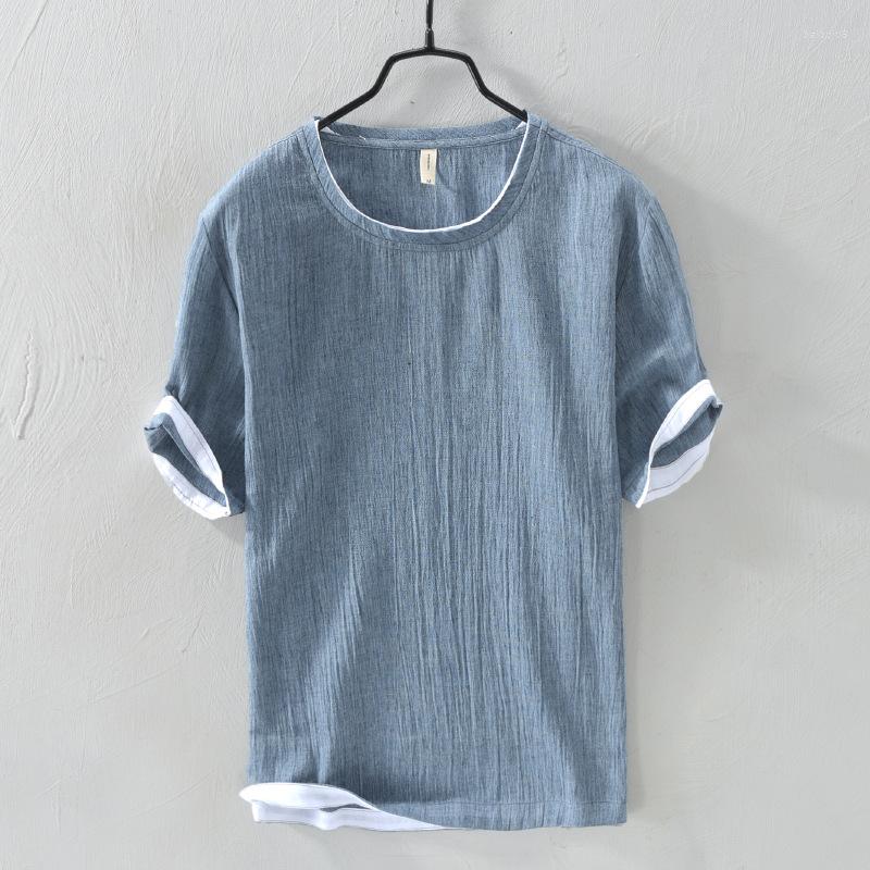

Men's T Shirts Solid Color Linen Loose Casual Round Neck T-shirt 260, Coffee