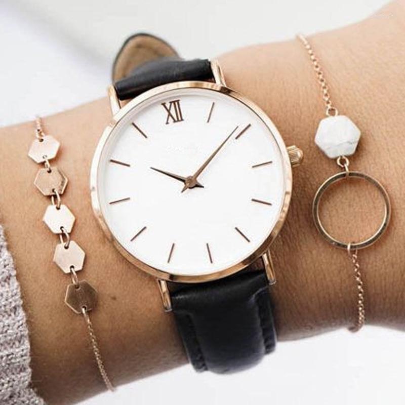 

Wristwatches Fashion Minimalism Watches Women Leather Band Quartz Casual Ladies Promotion Price Free Ship Relogio Feminino, Pink