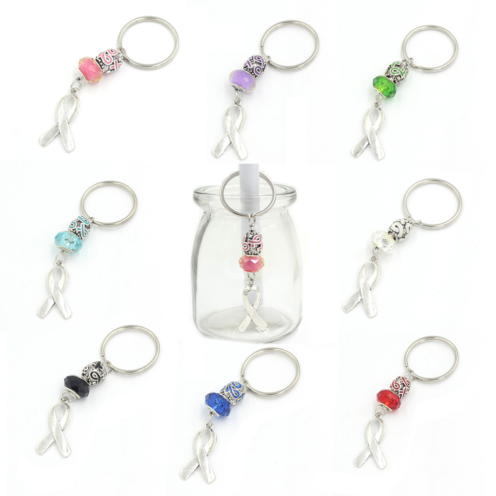 

Wholesale Cancer Keyrings Black White Blue Red Green Purple Pink Ribbon Breast Cancer Awareness Keychain Key Rings Jewelry Gifts