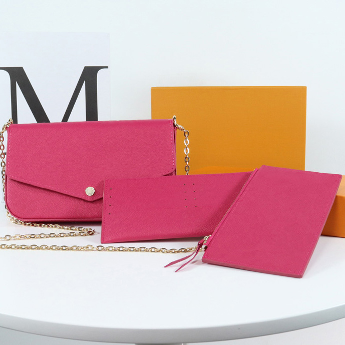 

Set of Three Pochette Women's Chain Bag Wallet Messenger Bag Leather Handbag Shoulder High Quality Flower Wallet Bag 11, #6