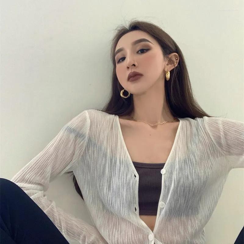 

Women' T Shirts Sun-Protective T-Shirts With Long Sleeves Open Stitch Transparent Thin Woman Fairy Summer Clothes Fashion Crop Top Korean, White