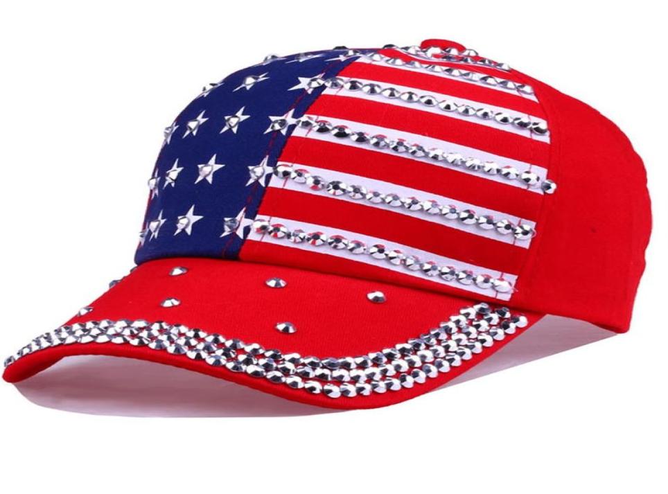 

Fashion Casual Casquette Women Baseball Cap Girls Sparkle Rhinestone USA Patriotic American Flag Lady Cap Hats5270706, White
