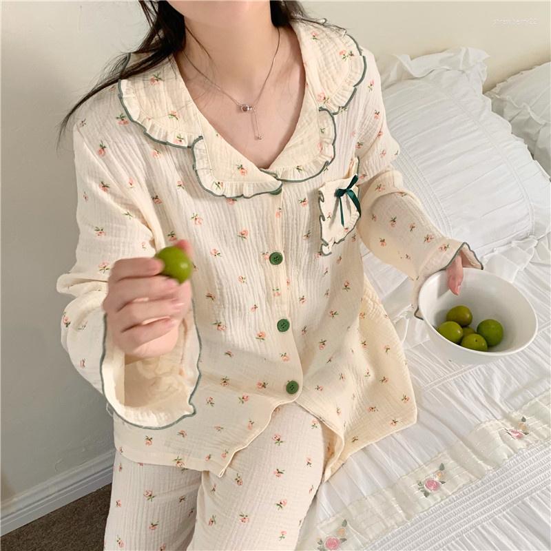 

Women's Sleepwear Women's Loose Skin-friendly Comfortable Pajamas Bubble Cotton Floral Long-sleeved Trousers Casual Home Clothes Suit, Beige