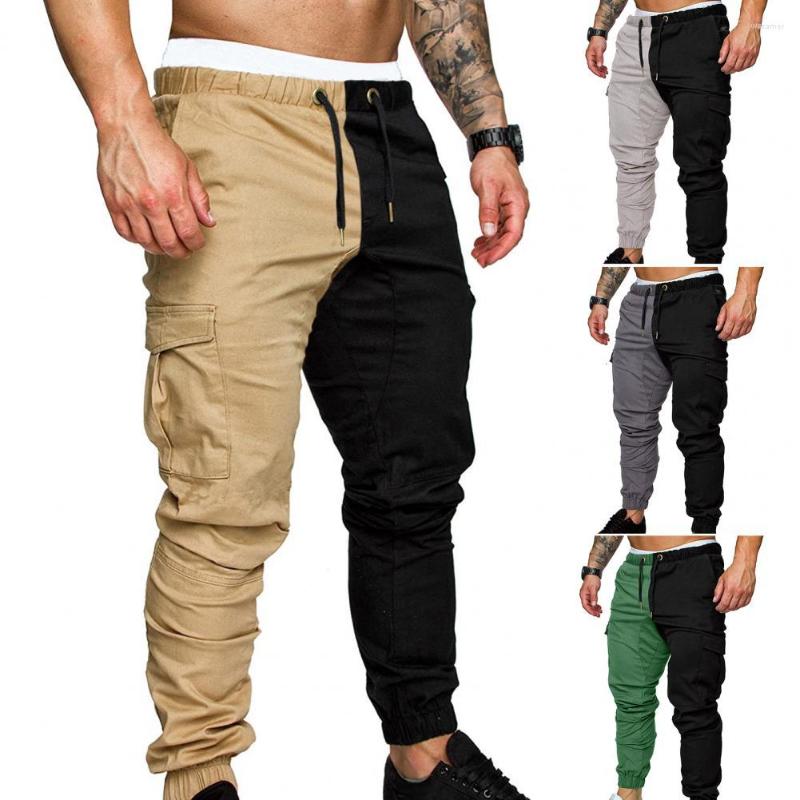 

Men's Pants Mid-rise Drawstring Elastic Waistband Multi Pockets Men Color Matching Casual Cargo Trousers Hip Hop Harem Slim Fit, Black