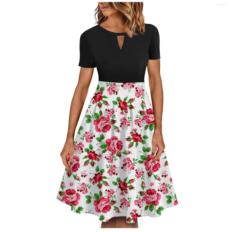 

Casual Dresses Women' Summer Vintage Party Dress Skirt Crewneck Hollowed Out Floral Short-sleeved Woman 2023 Trendy, Blue
